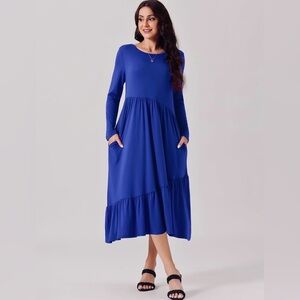 Blue Long Sleeve Tiered Midi Dress